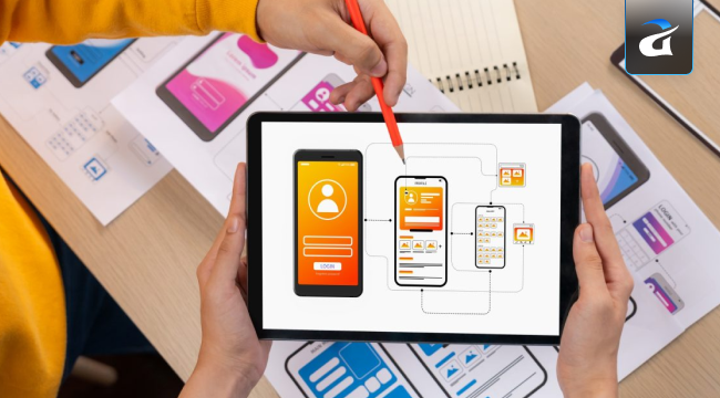 Business owner reviewing developer portfolio for app project