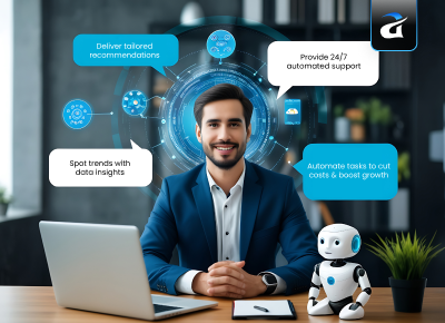 Illustration of Virtual Agent Assisting Customers with Automation