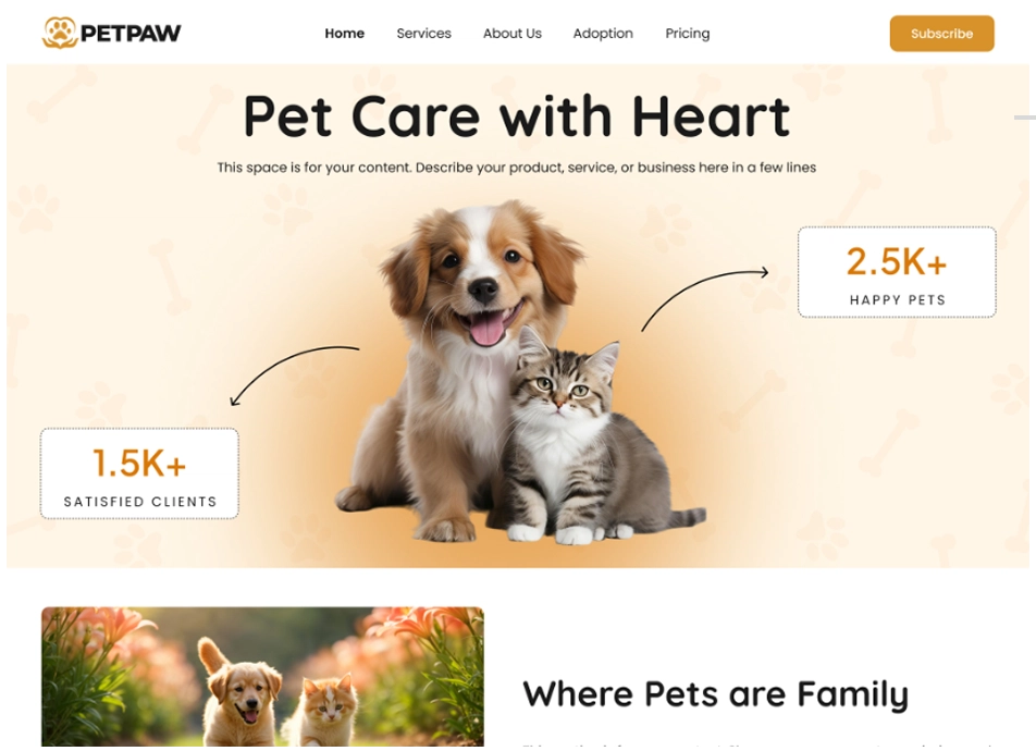 High-Fidelity Web Template for Pet Adoption and Grooming Services
