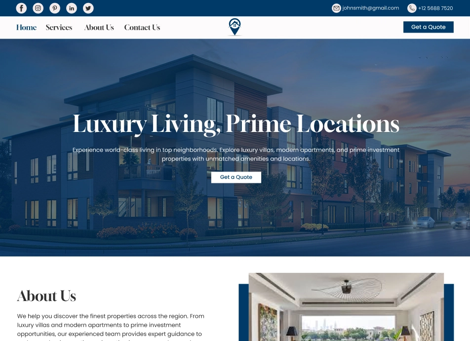 Property Hub Website Template Showing Real Estate Listings with Modern Design